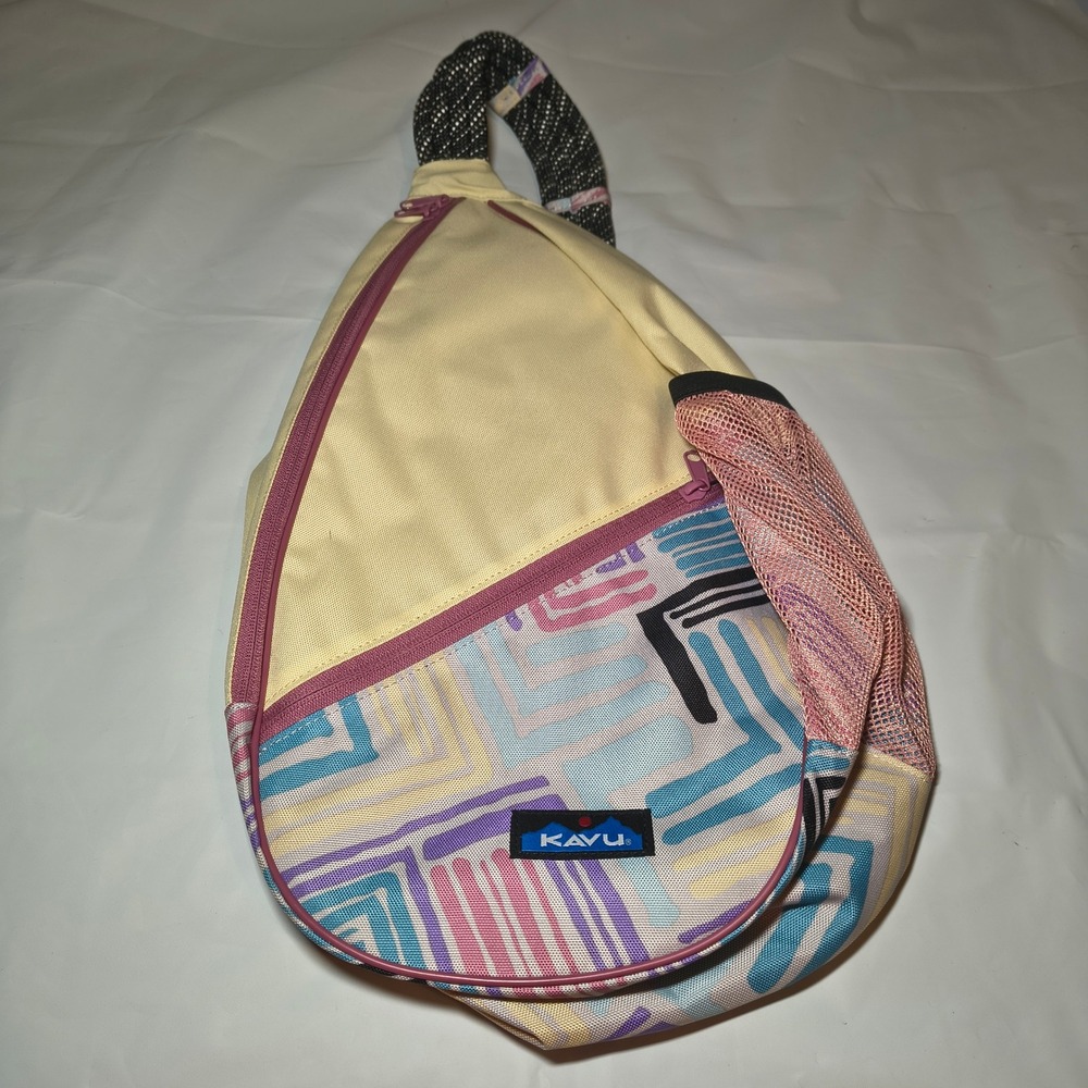KAVU Rope Bag Sling Backpack Geometric Maze Pastel Yellow Pink Blue Canvas